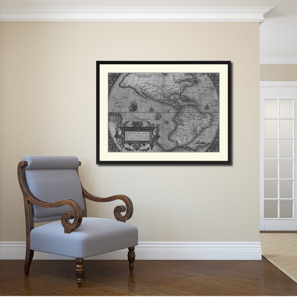 North South America Vintage BandW Map Canvas Print with Picture Frame  Wall Art Gift Ideas Image 2