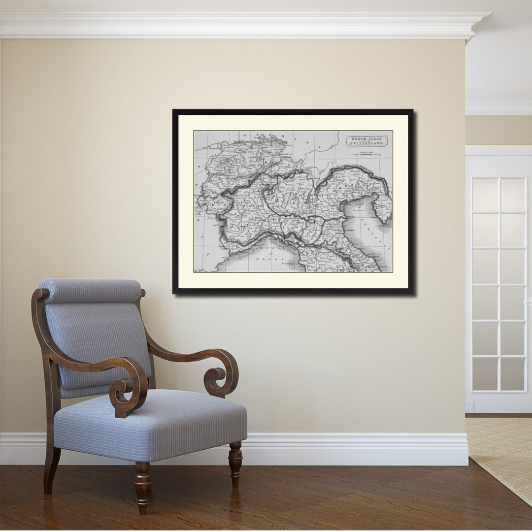 Northern Italy Vintage BandW Map Canvas Print with Picture Frame  Wall Art Gift Ideas Image 1