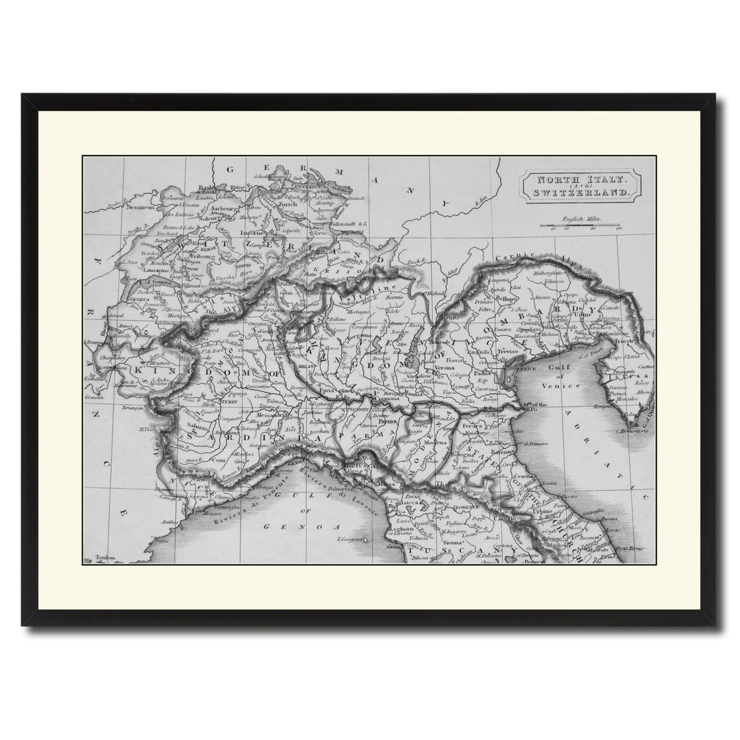 Northern Italy Vintage BandW Map Canvas Print with Picture Frame  Wall Art Gift Ideas Image 2