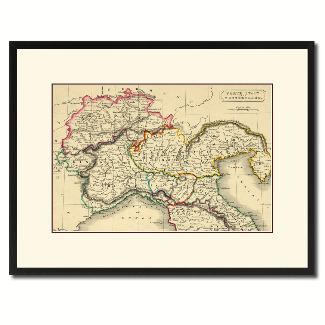 Northern Italy Vintage Antique Map Wall Art  Gift Ideas Canvas Print Custom Picture Frame Image 1