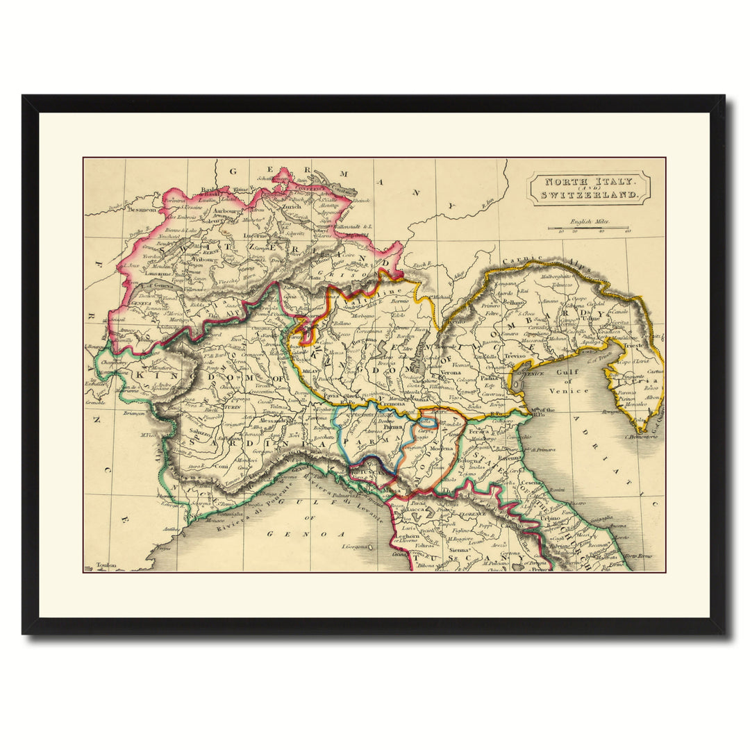 Northern Italy Vintage Antique Map Wall Art  Gift Ideas Canvas Print Custom Picture Frame Image 3