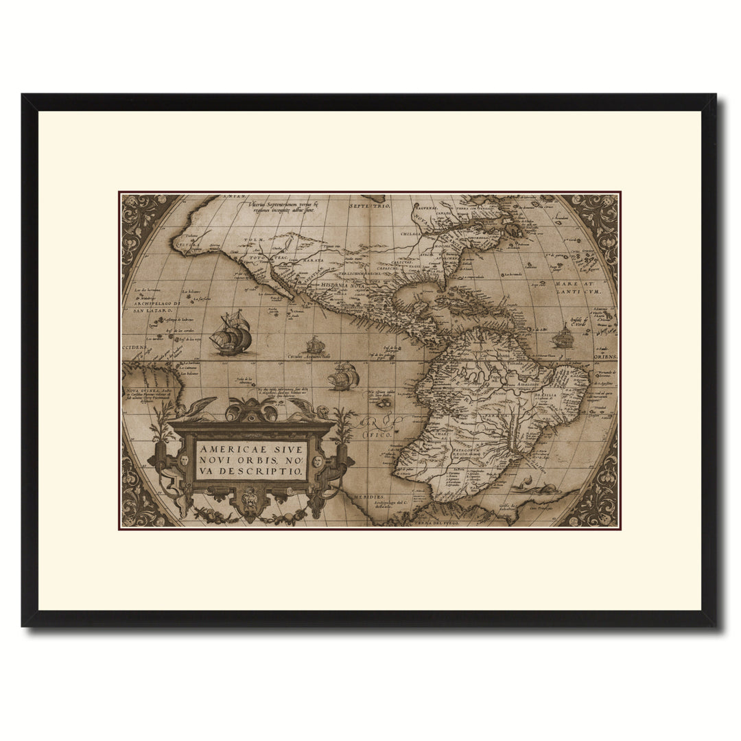 North South America Vintage Sepia Map Canvas Print with Picture Frame Gifts  Wall Art Decoration Image 1