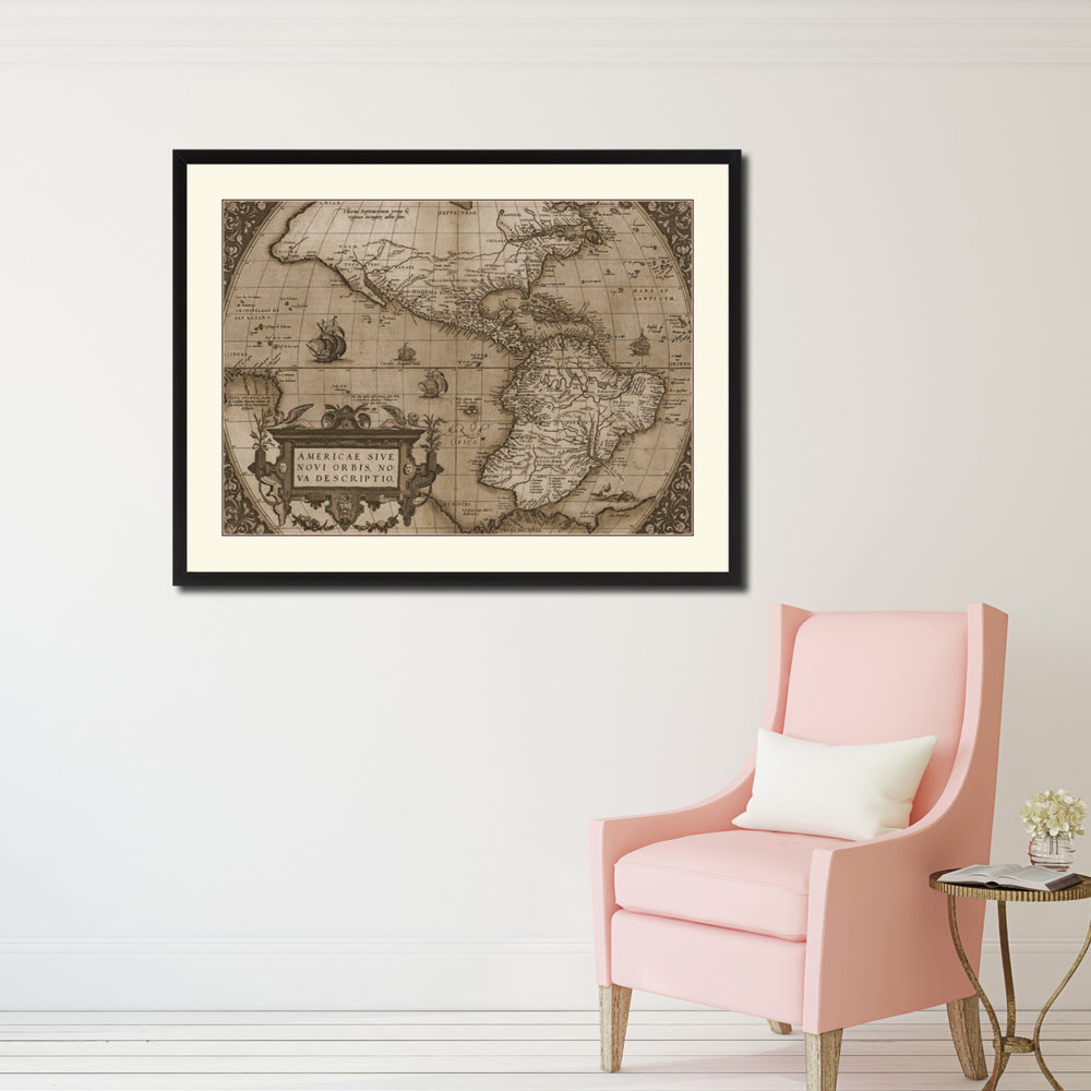 North South America Vintage Sepia Map Canvas Print with Picture Frame Gifts  Wall Art Decoration Image 2