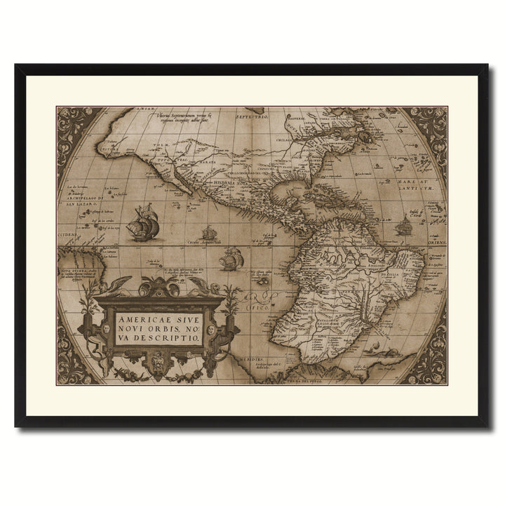 North South America Vintage Sepia Map Canvas Print with Picture Frame Gifts  Wall Art Decoration Image 3