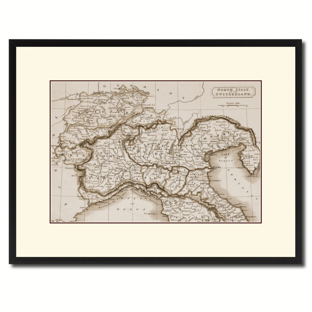 Northern Italy Vintage Sepia Map Canvas Print with Picture Frame Gifts  Wall Art Decoration Image 1