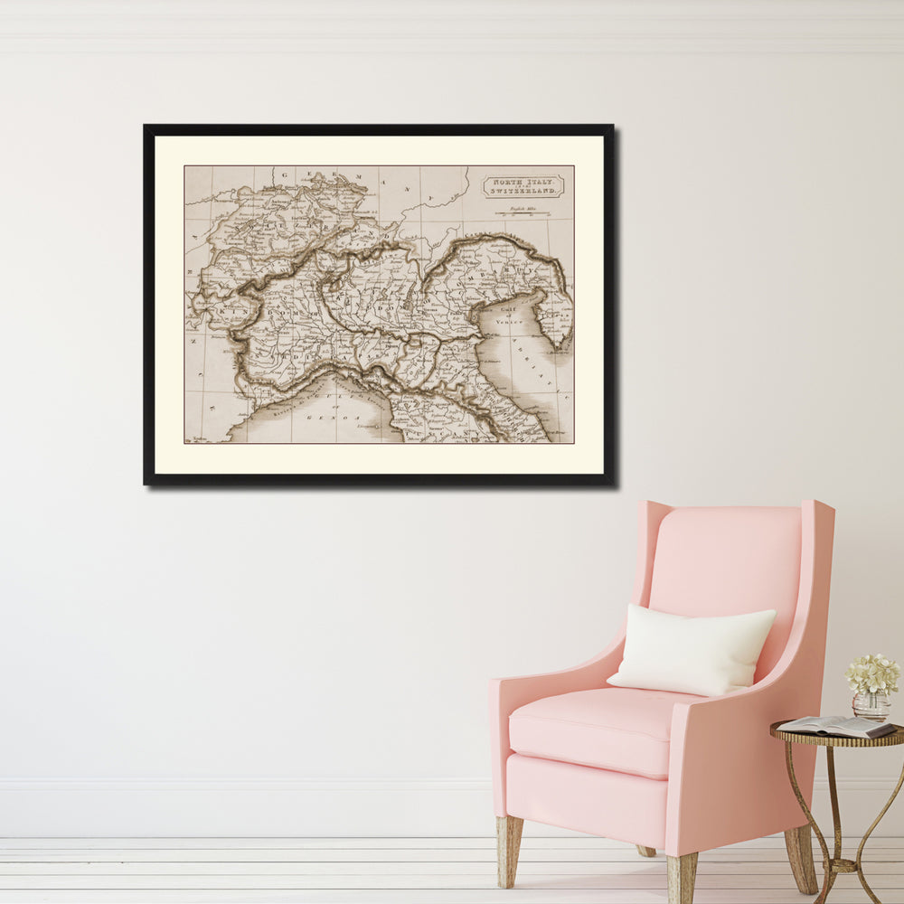 Northern Italy Vintage Sepia Map Canvas Print with Picture Frame Gifts  Wall Art Decoration Image 2
