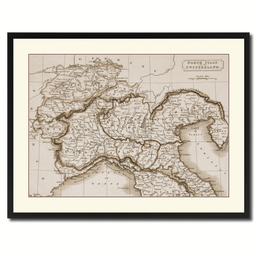 Northern Italy Vintage Sepia Map Canvas Print with Picture Frame Gifts  Wall Art Decoration Image 3