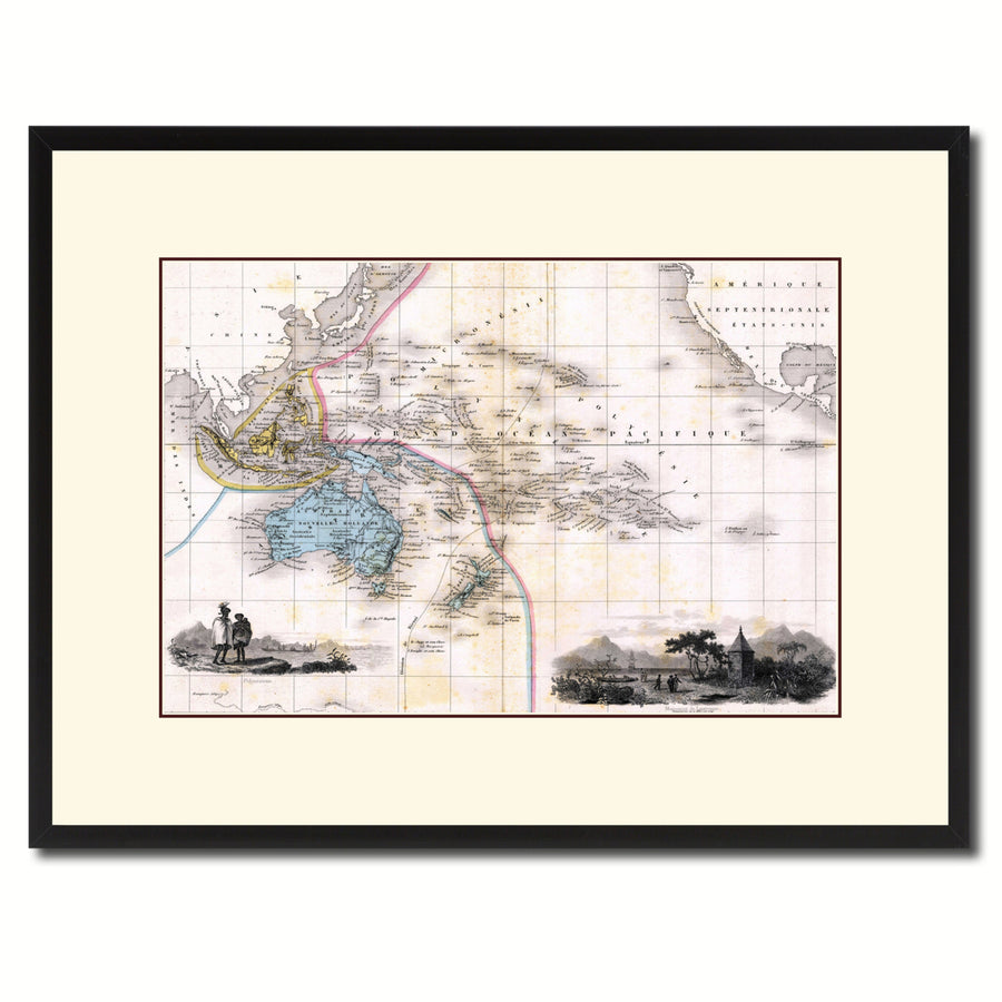 Oceania Australia  Zealand Vintage Antique Map Wall Art  Gift Ideas Canvas Print Custom Picture Frame Image 1
