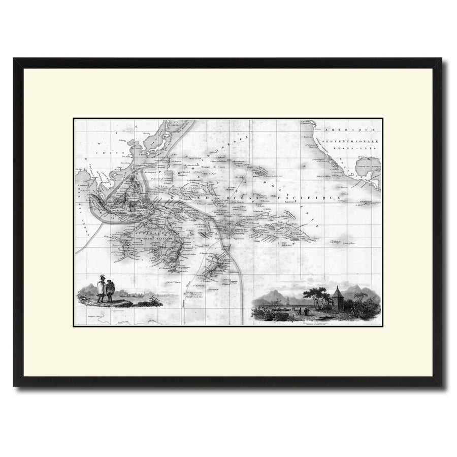 Oceania Australia  Zealand Vintage BandW Map Canvas Print with Picture Frame  Wall Art Gift Ideas Image 1