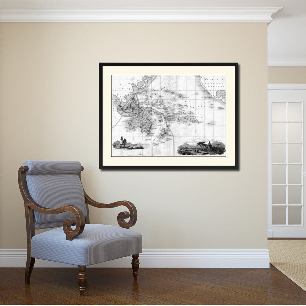 Oceania Australia  Zealand Vintage BandW Map Canvas Print with Picture Frame  Wall Art Gift Ideas Image 2