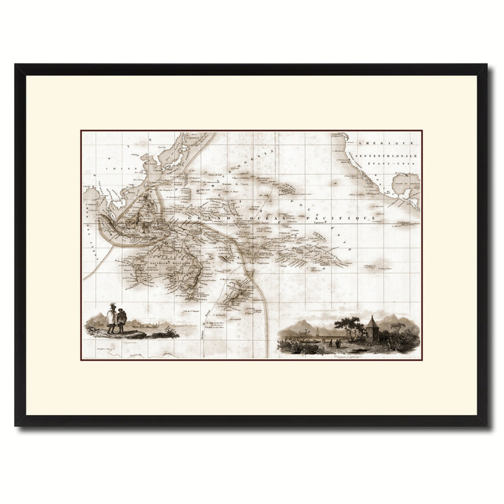 Oceania Australia  Zealand Vintage Sepia Map Canvas Print with Picture Frame Gifts  Wall Art Decoration Image 1