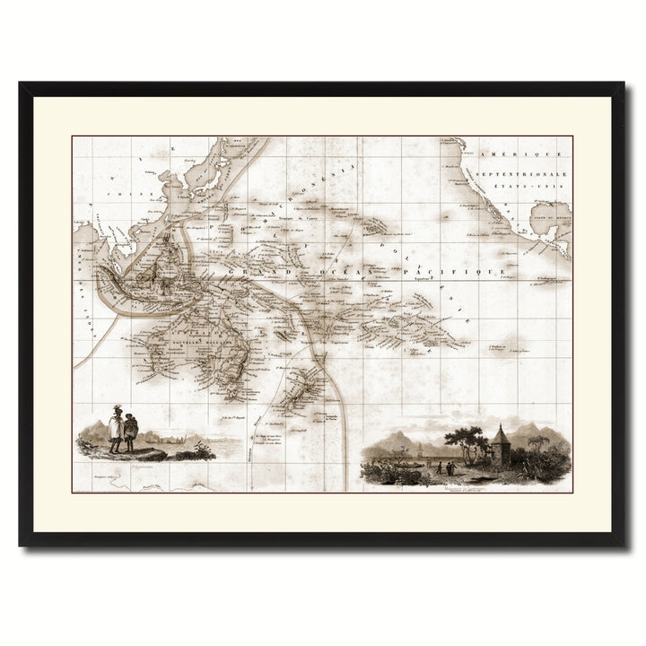 Oceania Australia  Zealand Vintage Sepia Map Canvas Print with Picture Frame Gifts  Wall Art Decoration Image 3