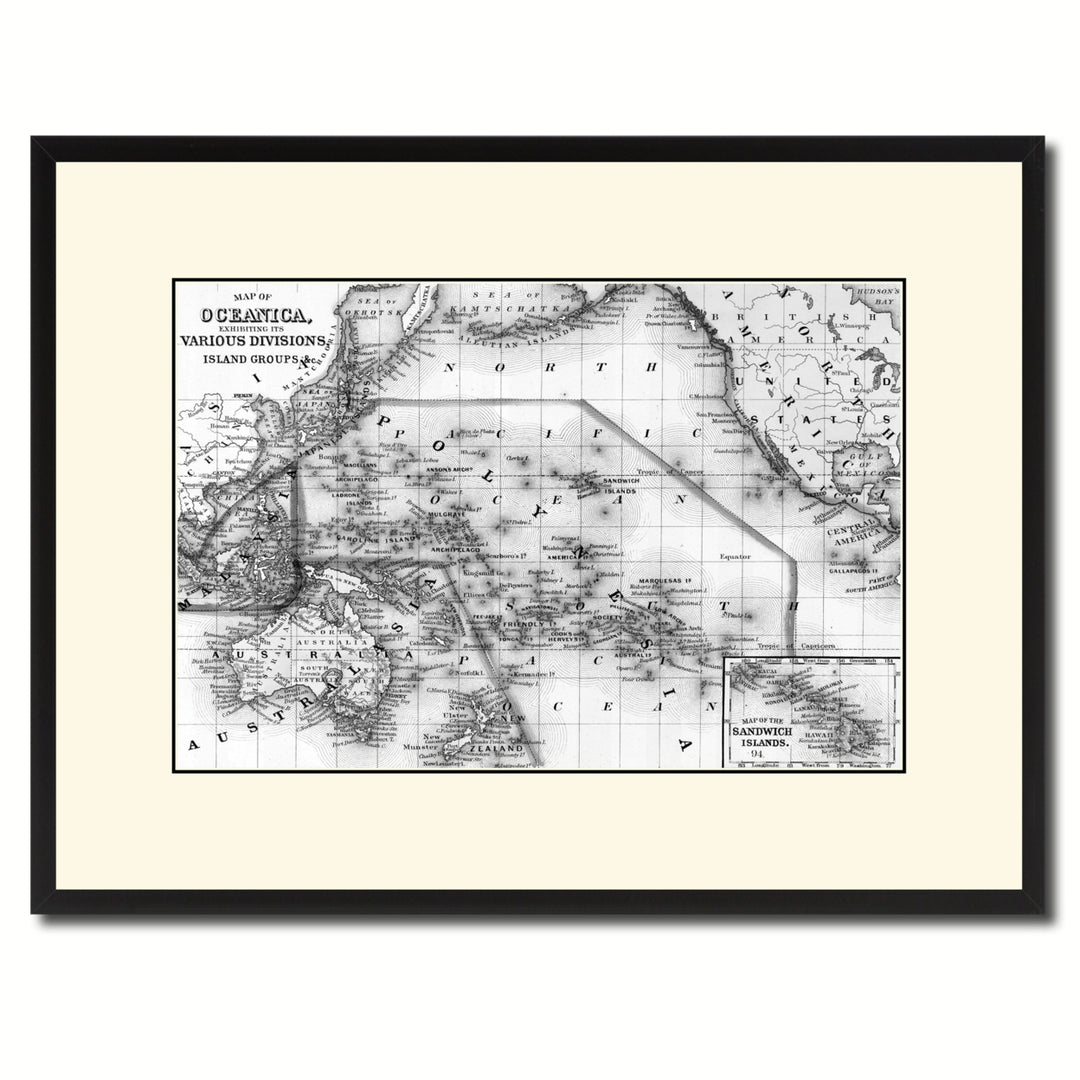 Oceania Vintage BandW Map Canvas Print with Picture Frame  Wall Art Gift Ideas Image 1
