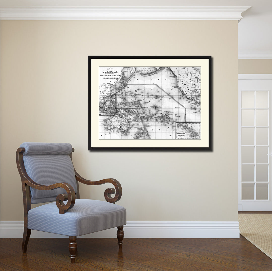 Oceania Vintage BandW Map Canvas Print with Picture Frame  Wall Art Gift Ideas Image 2