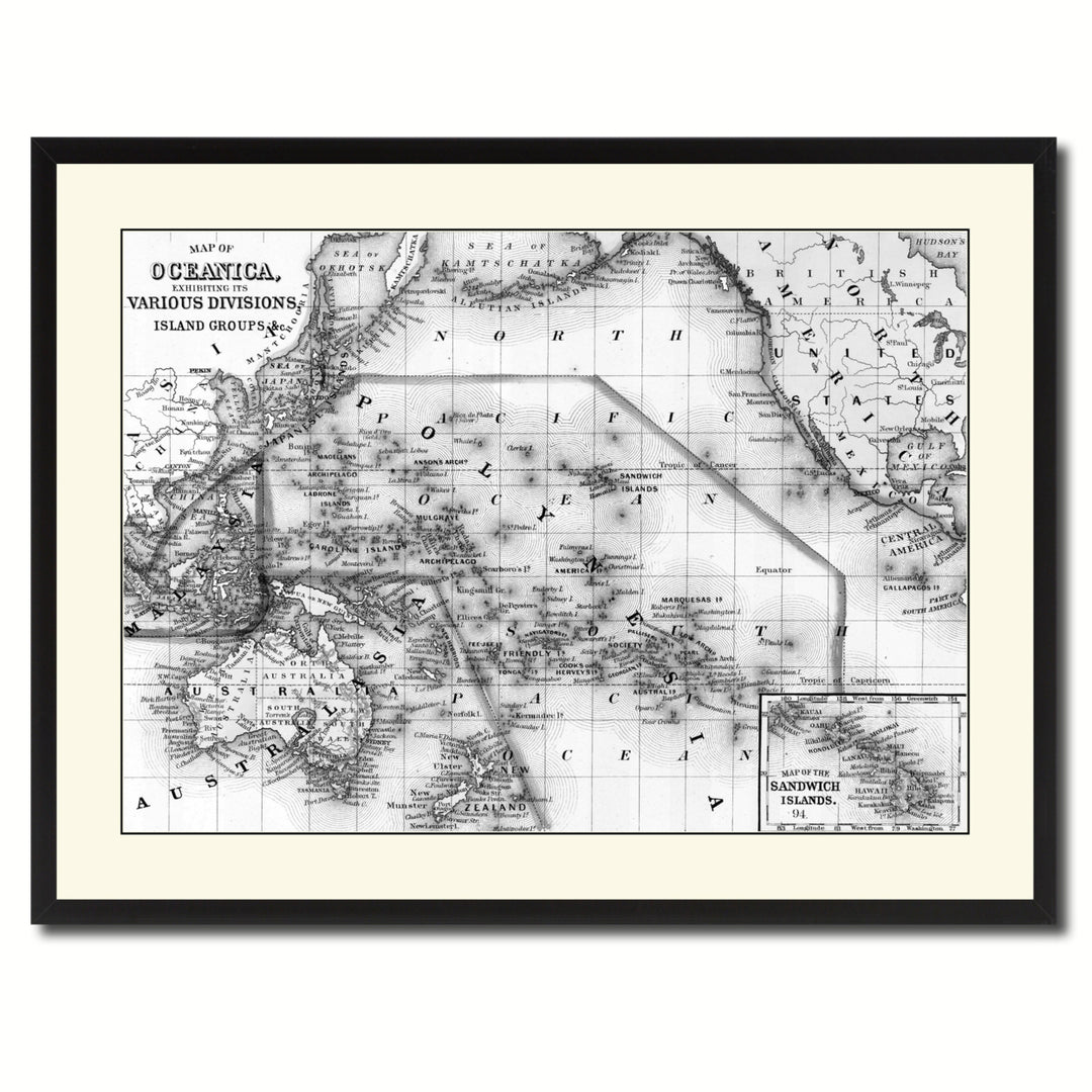 Oceania Vintage BandW Map Canvas Print with Picture Frame  Wall Art Gift Ideas Image 3