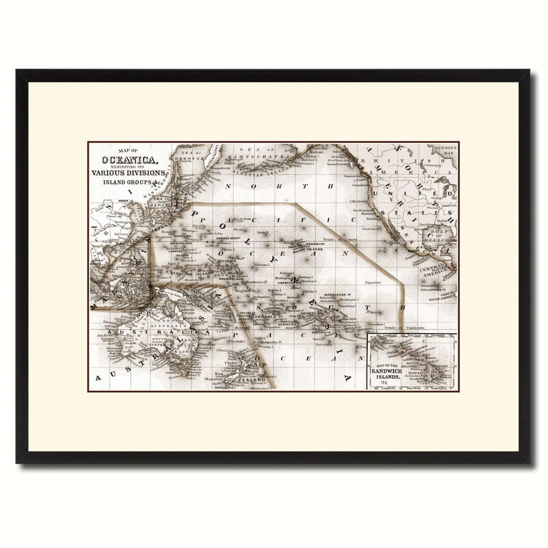 Oceania Vintage Sepia Map Canvas Print with Picture Frame Gifts  Wall Art Decoration Image 1