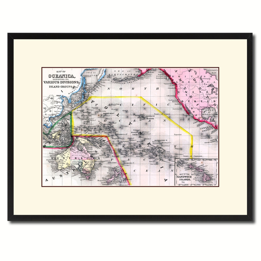 Oceania Vintage Antique Map Wall Art  Gift Ideas Canvas Print Custom Picture Frame Image 1