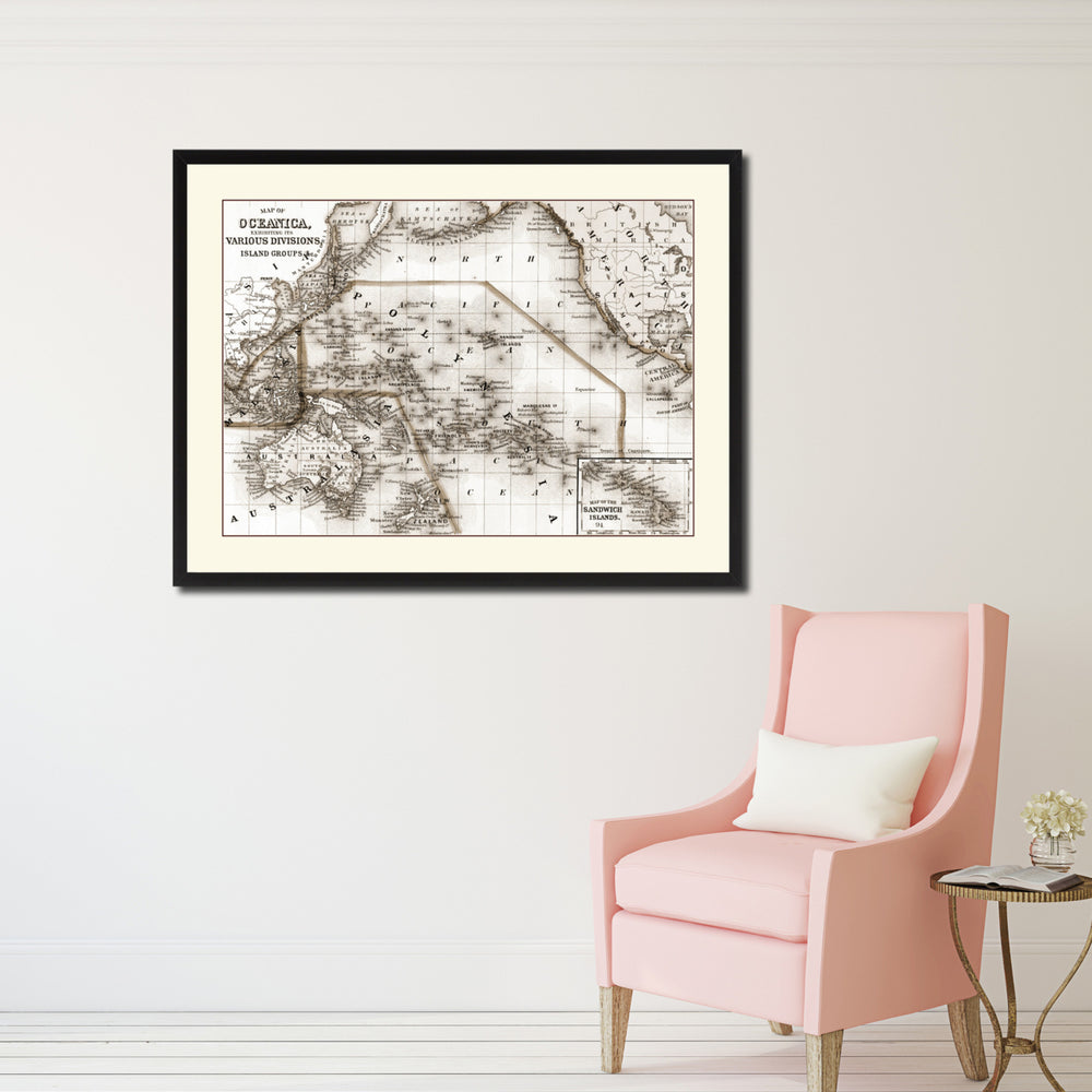 Oceania Vintage Sepia Map Canvas Print with Picture Frame Gifts  Wall Art Decoration Image 2