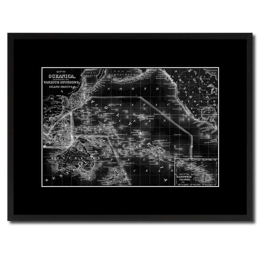 Oceania Vintage Monochrome Map Canvas Print with Gifts Picture Frame  Wall Art Image 1