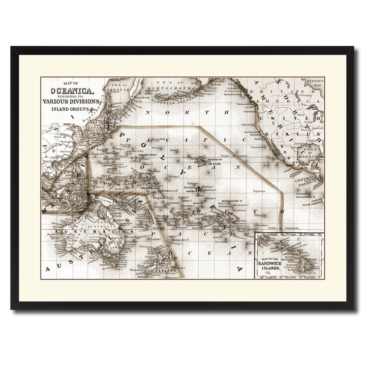 Oceania Vintage Sepia Map Canvas Print with Picture Frame Gifts  Wall Art Decoration Image 3