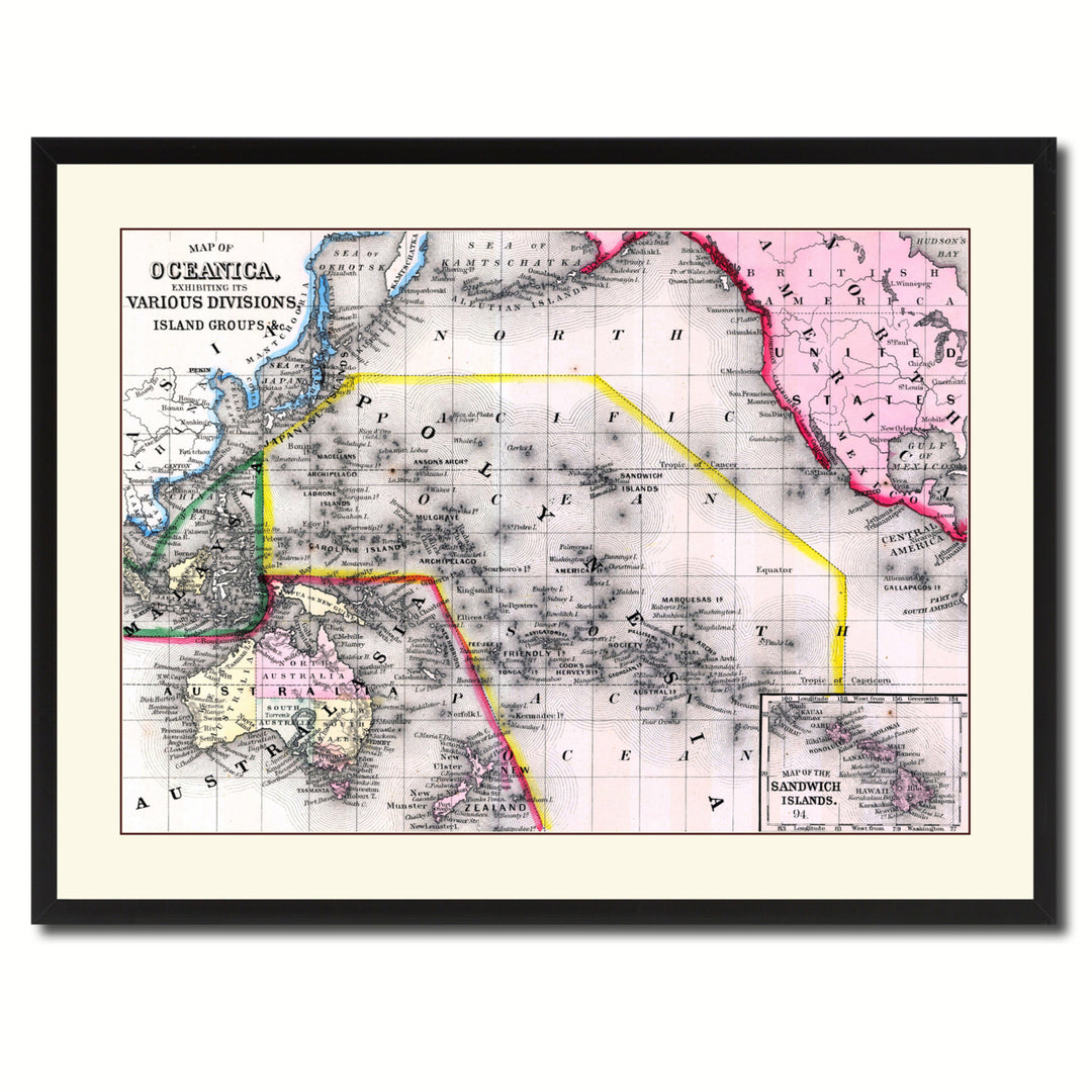 Oceania Vintage Antique Map Wall Art  Gift Ideas Canvas Print Custom Picture Frame Image 3