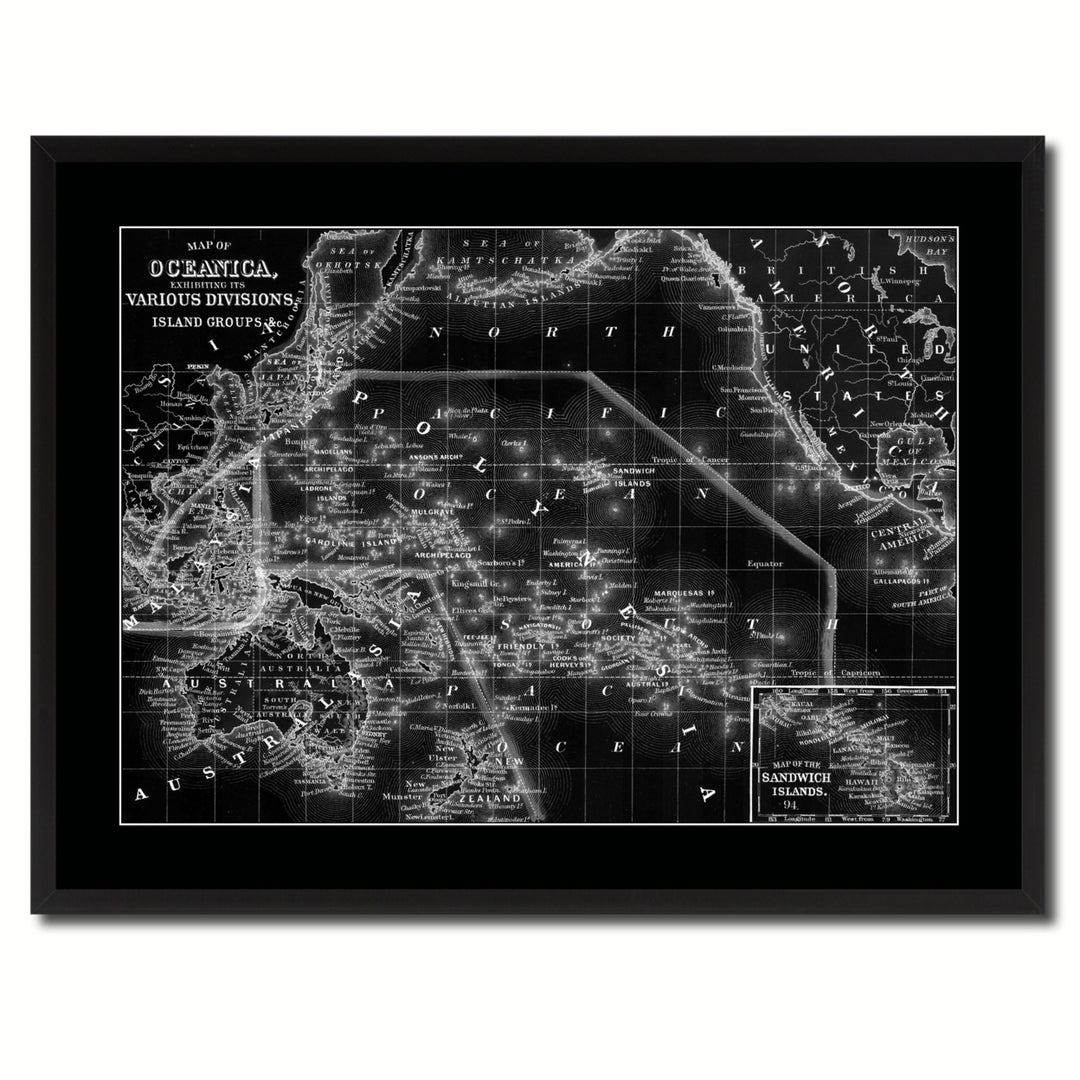 Oceania Vintage Monochrome Map Canvas Print with Gifts Picture Frame  Wall Art Image 3