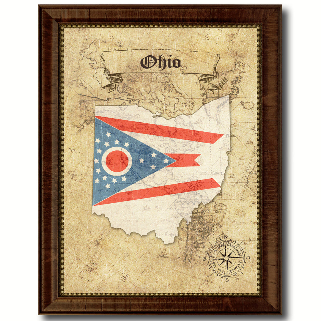 Ohio State Flag  Vintage Map Canvas Print with Picture Frame  Wall Art Decoration Gift Ideas Image 1