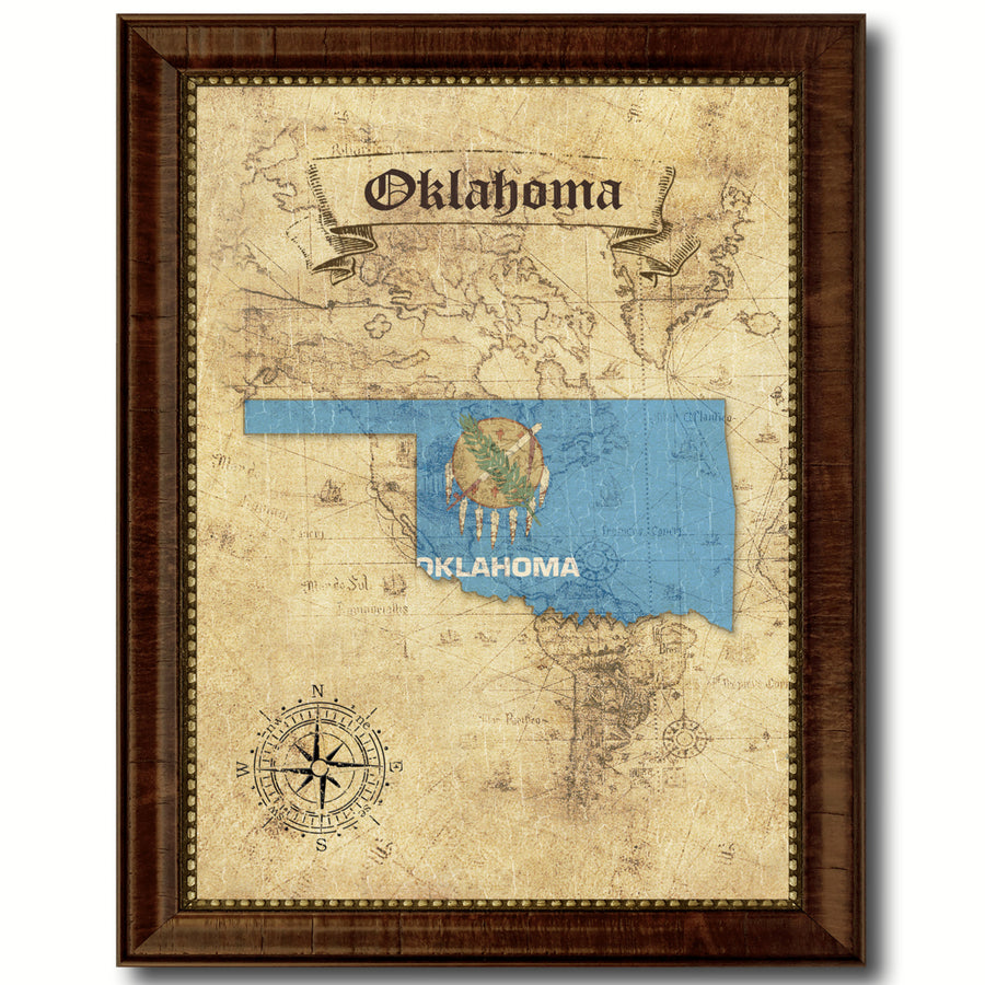 Oklahoma State Flag  Vintage Map Canvas Print with Picture Frame  Wall Art Decoration Gift Ideas Image 1