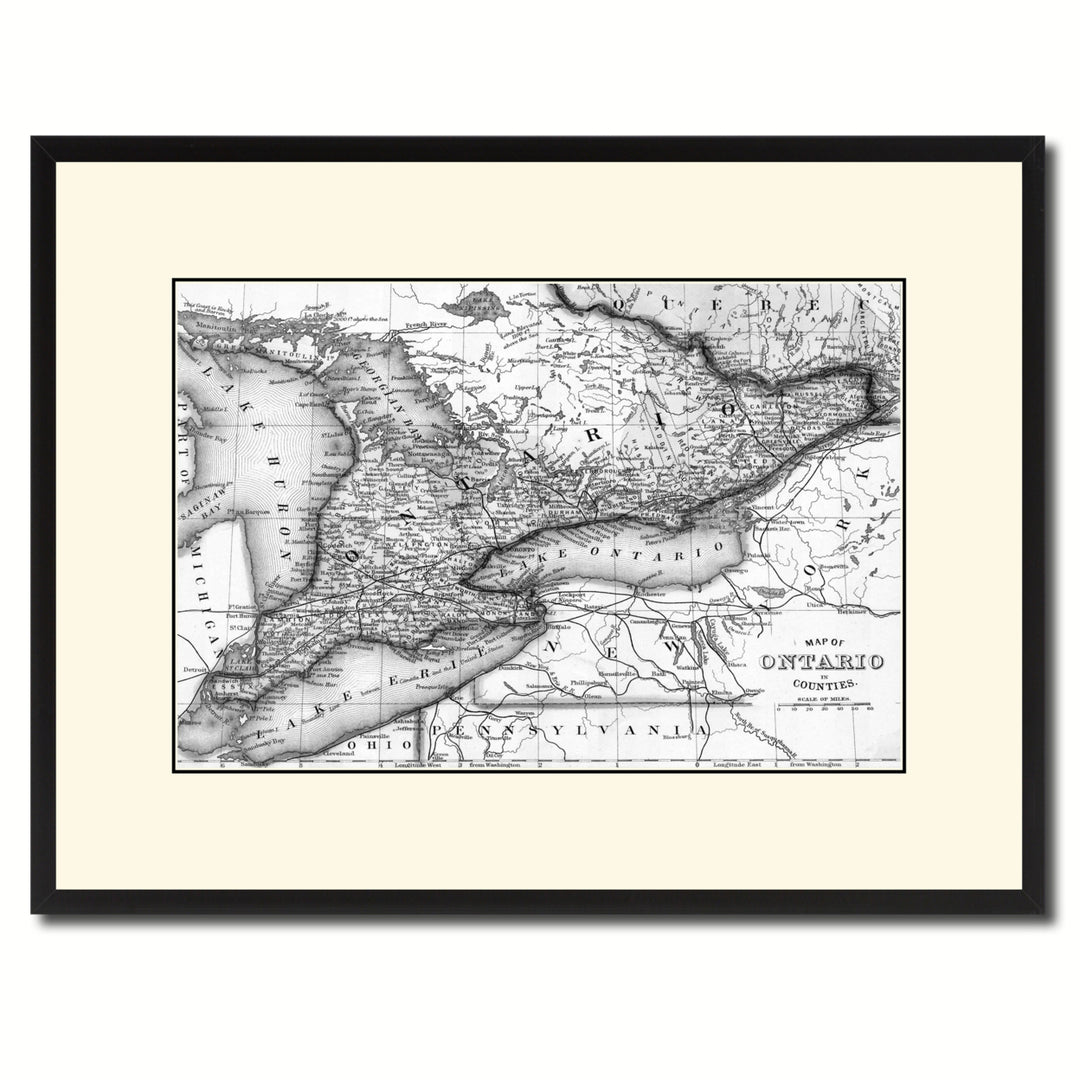 Ontario Canada Vintage BandW Map Canvas Print with Picture Frame  Wall Art Gift Ideas Image 1