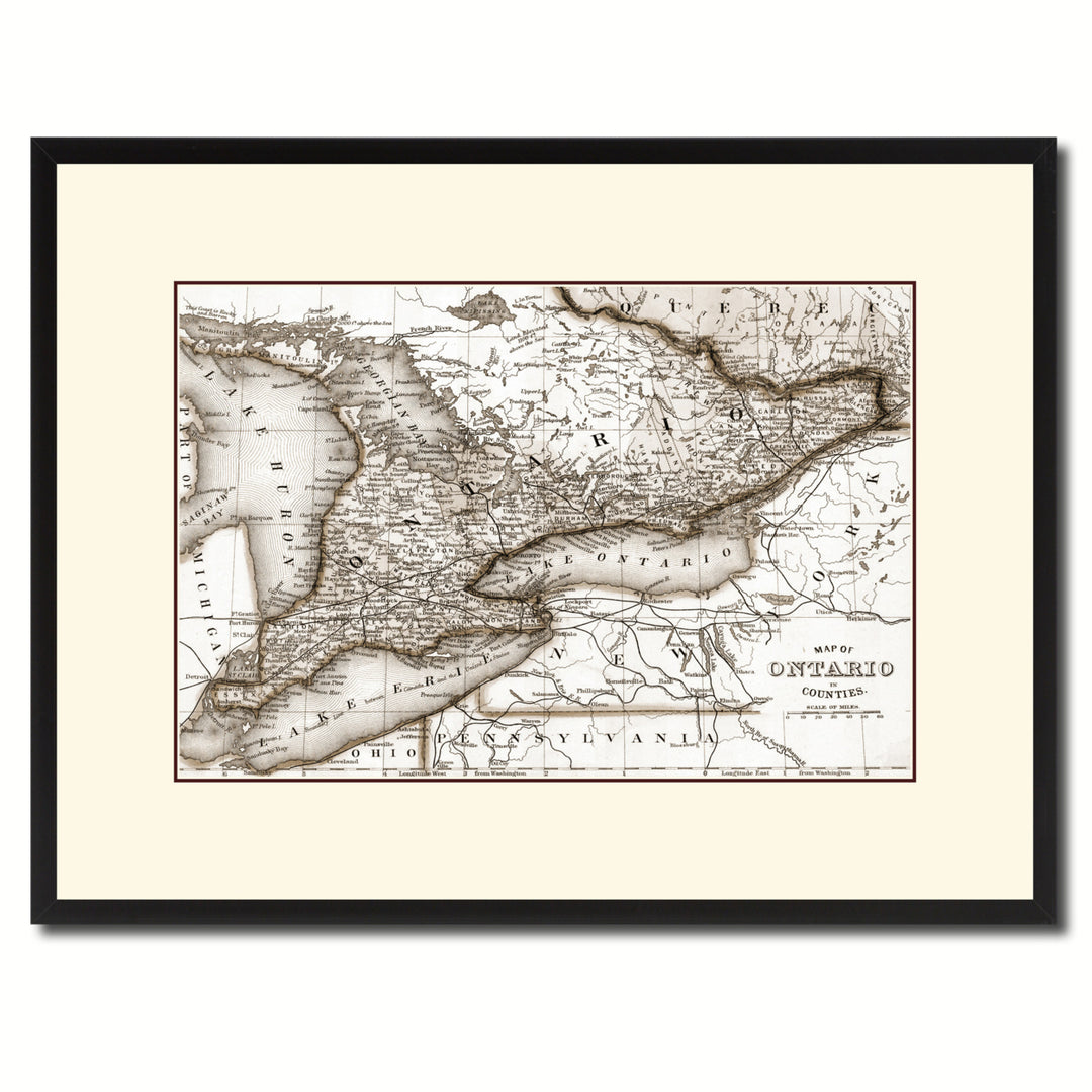 Ontario Canada Vintage Sepia Map Canvas Print with Picture Frame Gifts  Wall Art Decoration Image 1