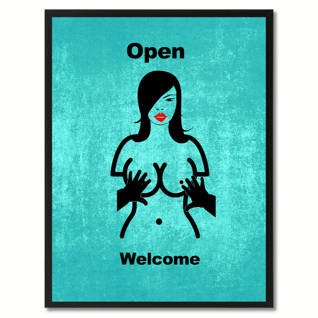 Open Welcome Funny Adult Sign Aqua Print on Canvas Picture Frame  Wall Art Gifts 93081 Image 1
