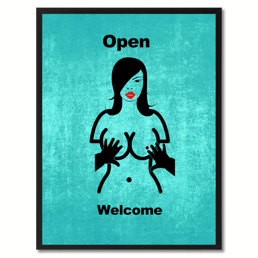 Open Welcome Funny Adult Sign Aqua Print on Canvas Picture Frame  Wall Art Gifts 93081 Image 1