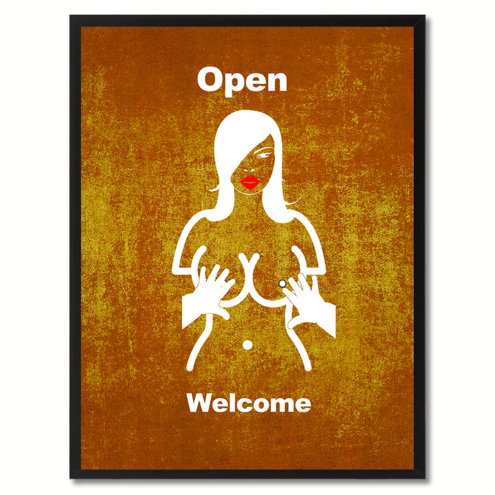 Open Welcome Funny Adult Sign Brown Print on Canvas Picture Frame  Wall Art Gifts 93084 Image 1