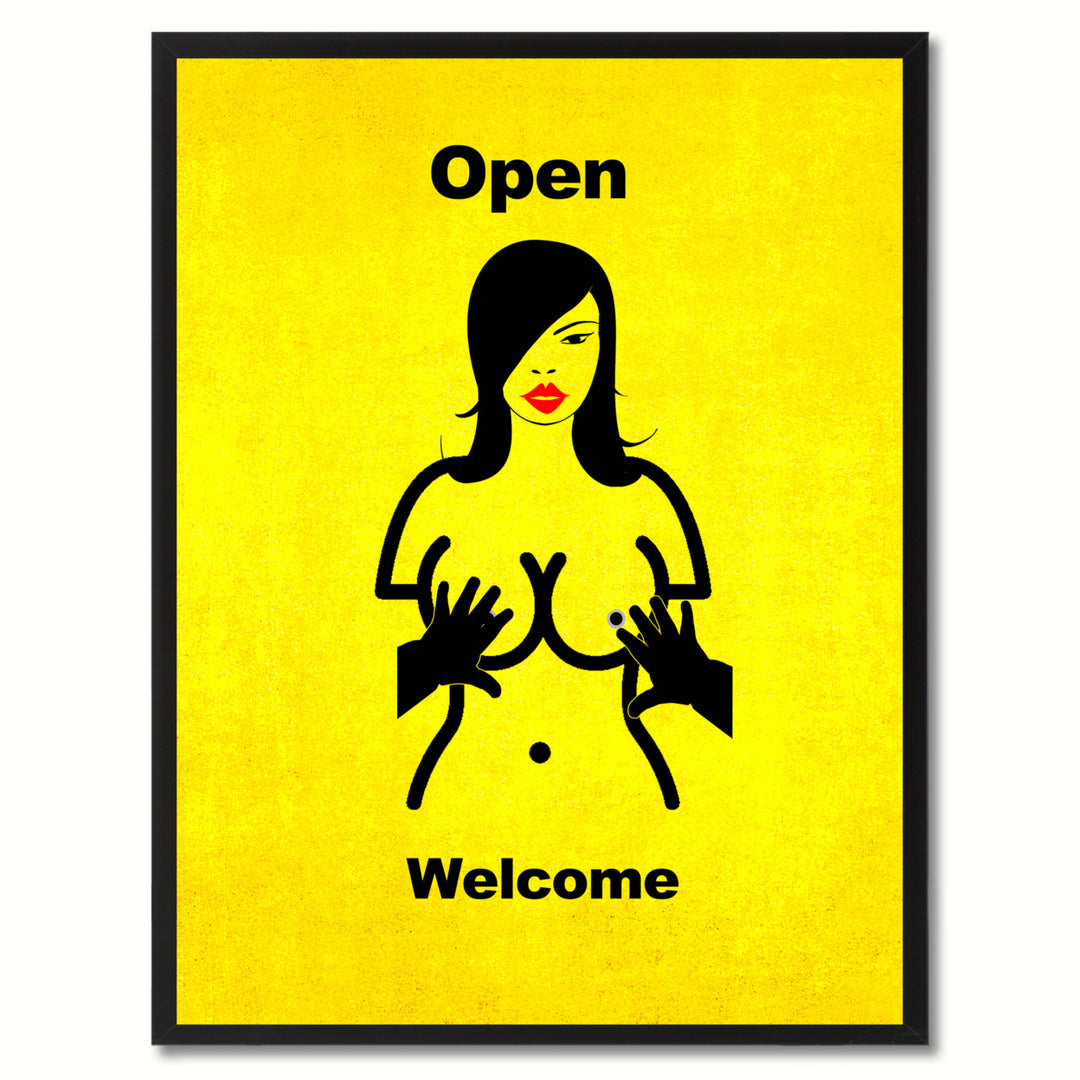 Open Welcome Funny Adult Sign Yellow Print on Canvas Picture Frame  Wall Art Gifts 93090 Image 1