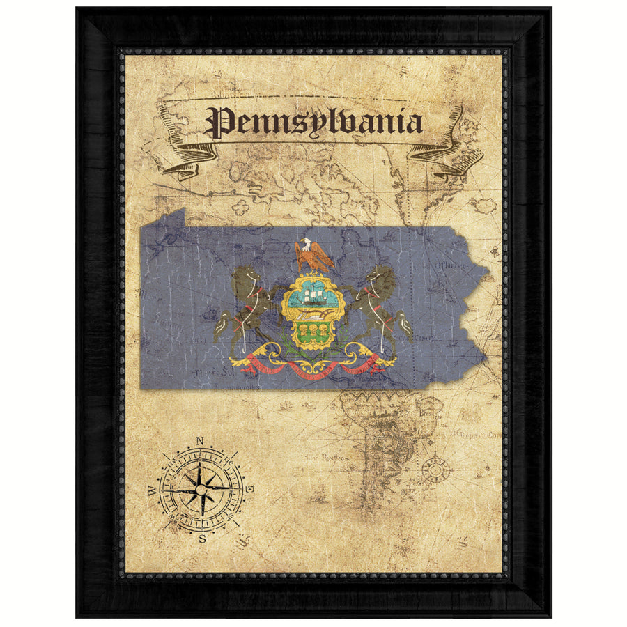 Pennsylvania State Flag  Vintage Map Canvas Print with Picture Frame  Wall Art Decoration Gift Ideas Image 1