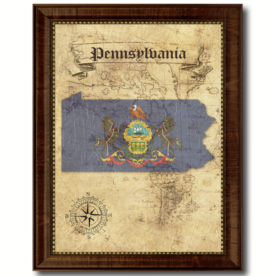 Pennsylvania State Flag  Vintage Map Canvas Print with Picture Frame  Wall Art Decoration Gift Ideas Image 1