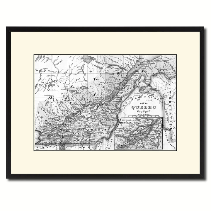 Quebec Montreal Vintage BandW Map Canvas Print with Picture Frame  Wall Art Gift Ideas Image 1