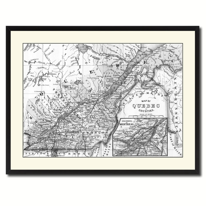 Quebec Montreal Vintage BandW Map Canvas Print with Picture Frame  Wall Art Gift Ideas Image 3