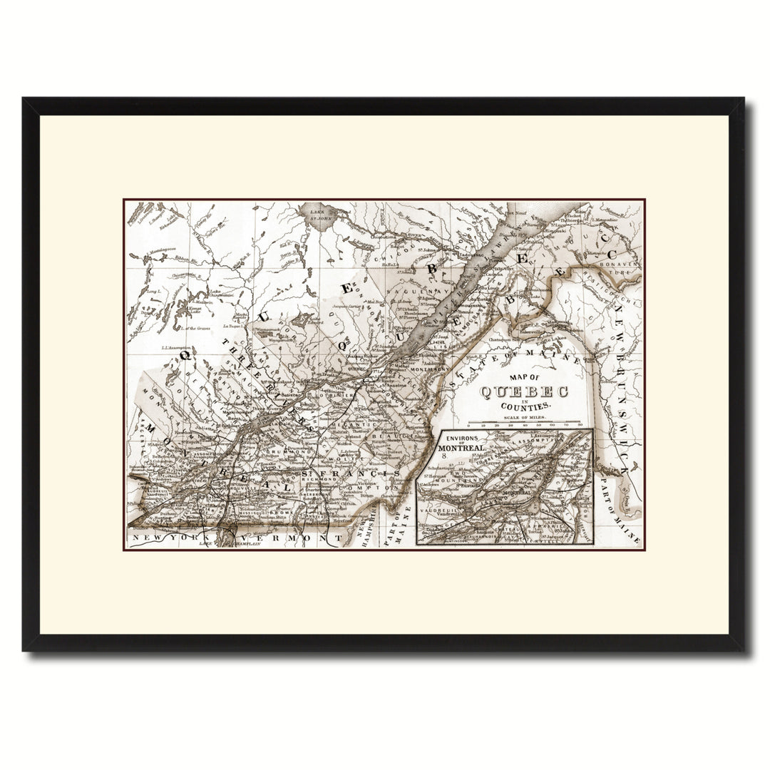 Quebec Montreal Vintage Sepia Map Canvas Print with Picture Frame Gifts  Wall Art Decoration Image 1