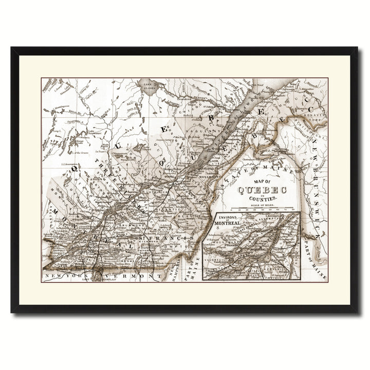 Quebec Montreal Vintage Sepia Map Canvas Print with Picture Frame Gifts  Wall Art Decoration Image 3