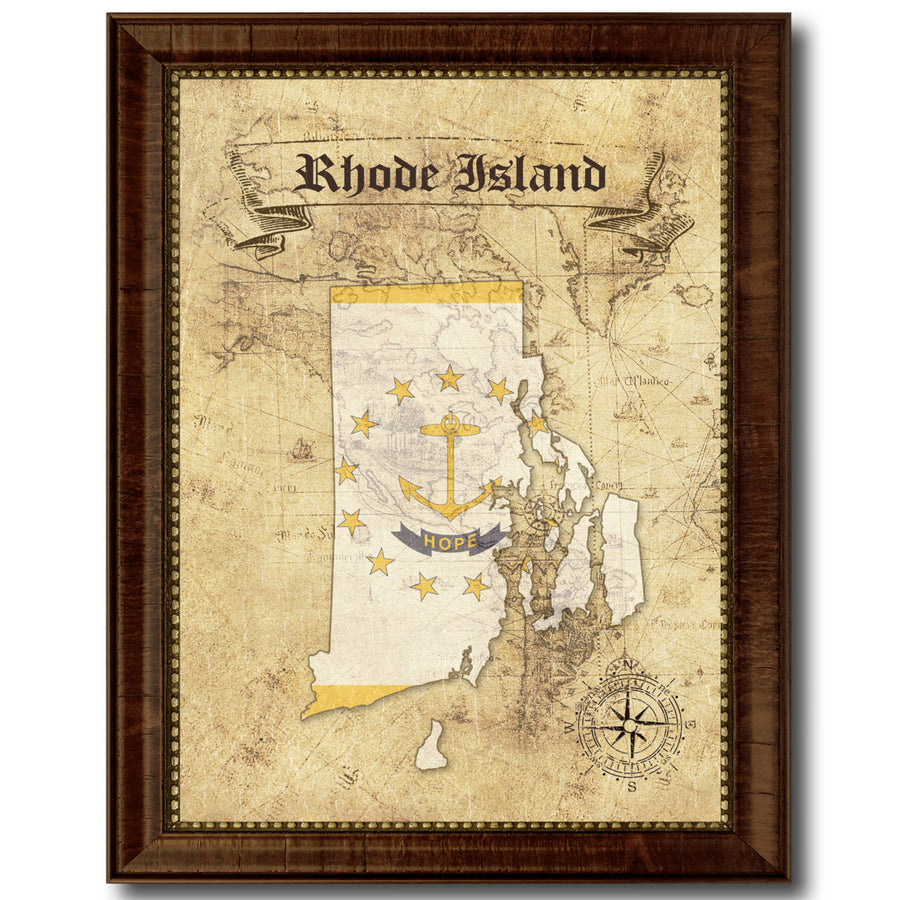 Rhode Island State Flag  Vintage Map Canvas Print with Picture Frame  Wall Art Decoration Gift Ideas Image 1