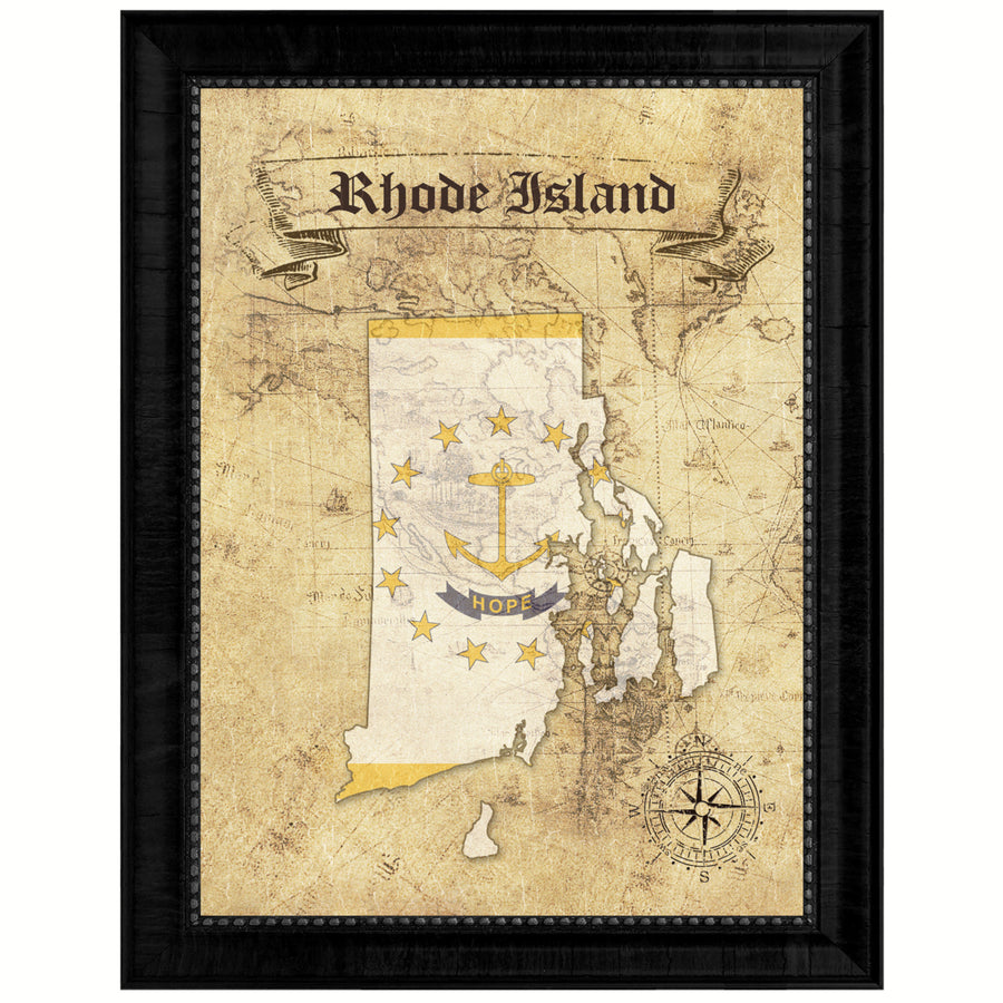 Rhode Island State Flag  Vintage Map Canvas Print with Picture Frame  Wall Art Decoration Gift Ideas Image 1