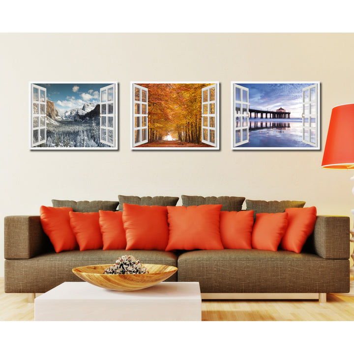 Sand Lane Autumn Picture 3D French Window Canvas Print  Wall Frame Image 3