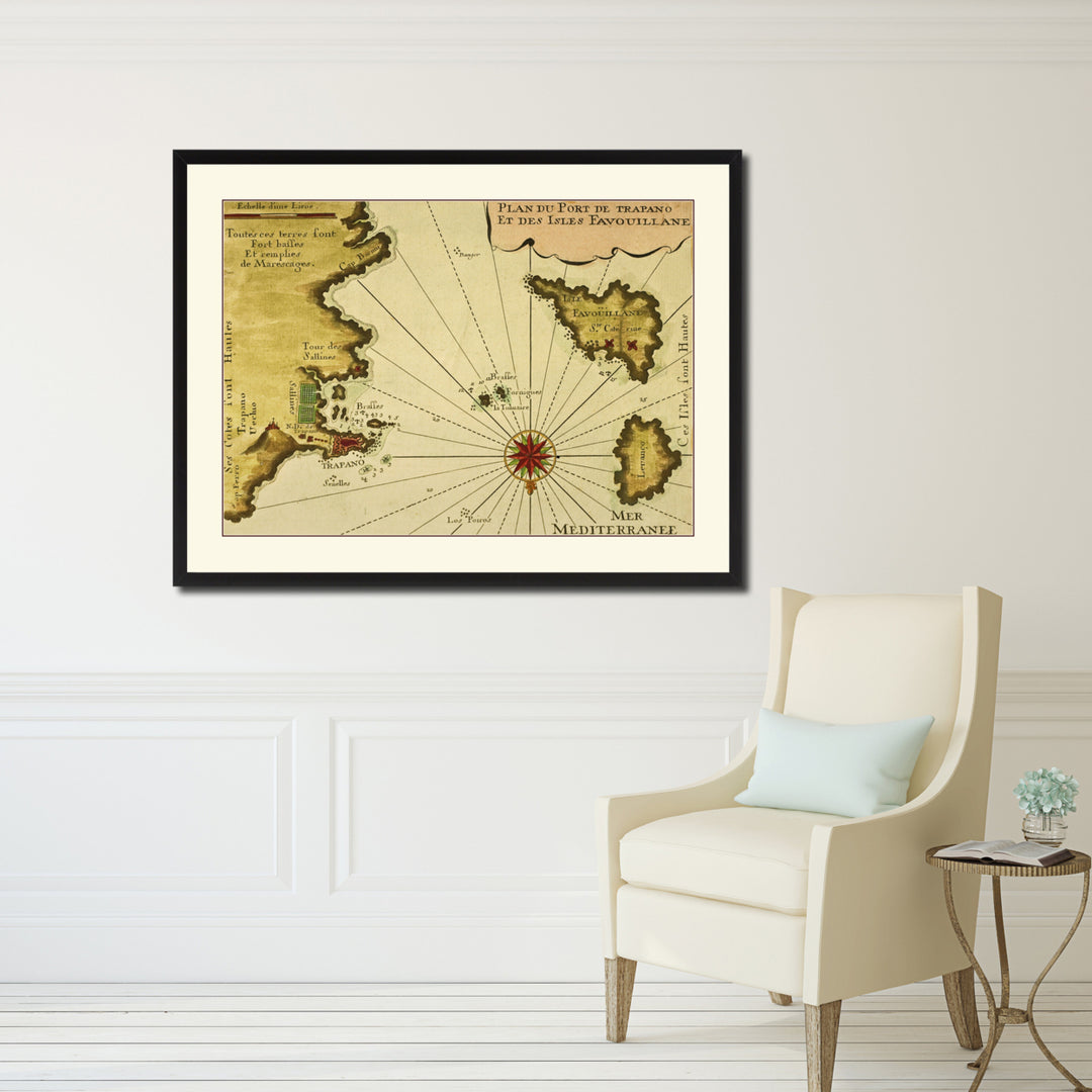 Sicily West Aegadian Islands Vintage Antique Map Wall Art  Gift Ideas Canvas Print Custom Picture Frame Image 4