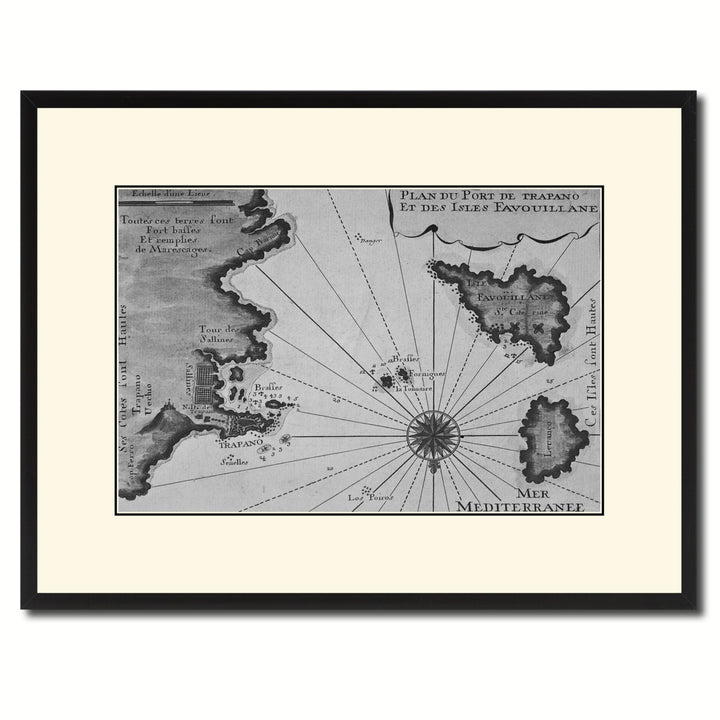Sicily West Islands Vintage BandW Map Canvas Print with Picture Frame  Wall Art Gift Ideas Image 1