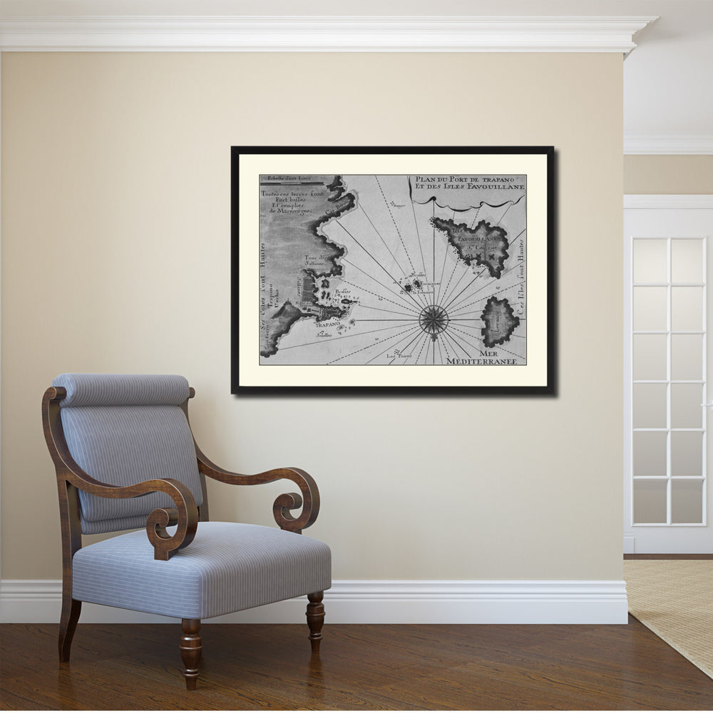Sicily West Islands Vintage BandW Map Canvas Print with Picture Frame  Wall Art Gift Ideas Image 2