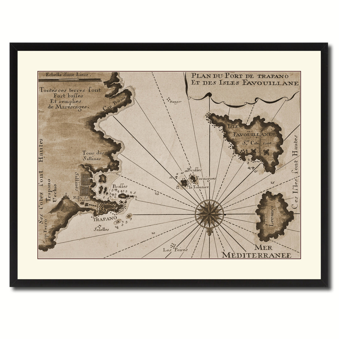 Sicily West Aegadian Islands Vintage Sepia Map Canvas Print with Picture Frame Gifts  Wall Art Decoration Image 3