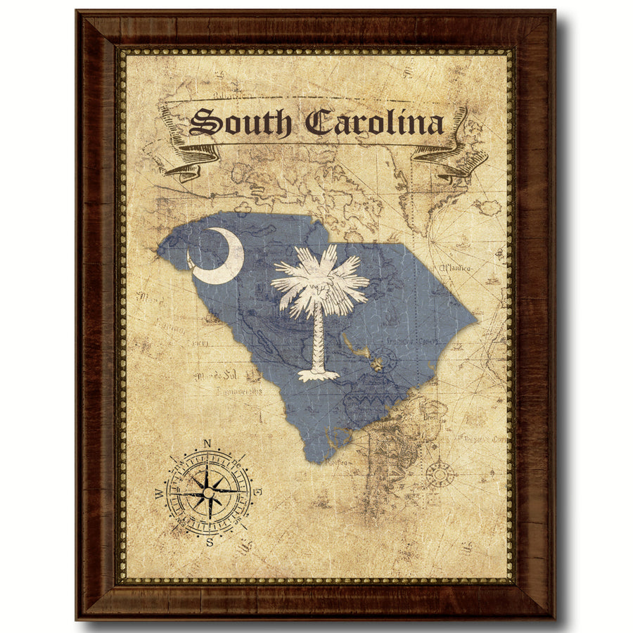 South Carolina State Flag  Vintage Map Canvas Print with Picture Frame  Wall Art Decoration Gift Ideas Image 1