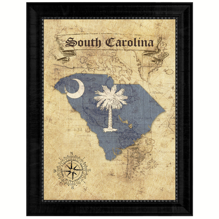 South Carolina State Flag  Vintage Map Canvas Print with Picture Frame  Wall Art Decoration Gift Ideas Image 1