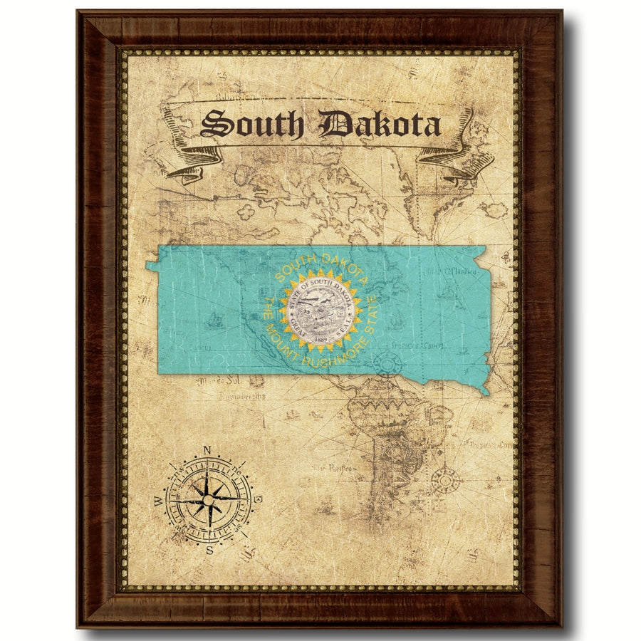 South Dakota State Flag  Vintage Map Canvas Print with Picture Frame  Wall Art Decoration Gift Ideas Image 1